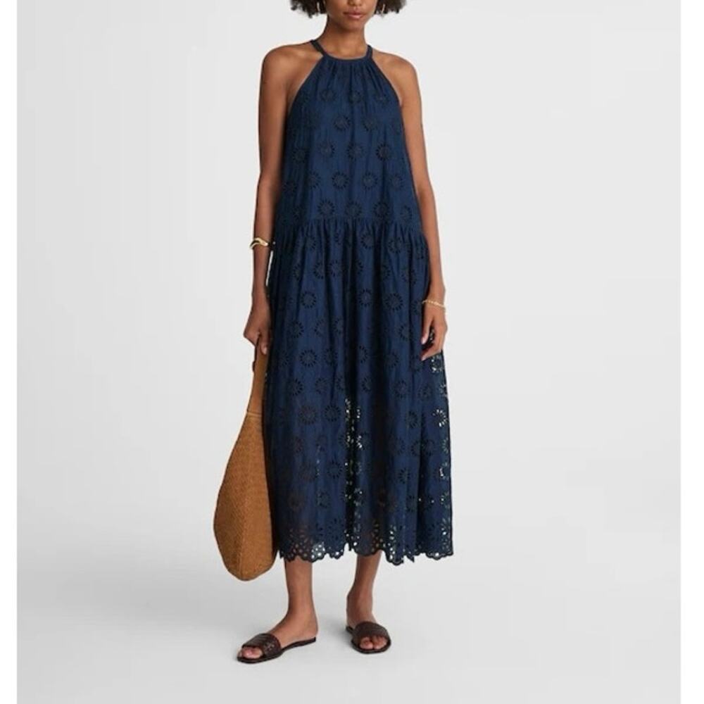 NWT Madewell Embroidered Drop-Waist Cotton Lined Maxi Dress Dark Indigo Size XXS